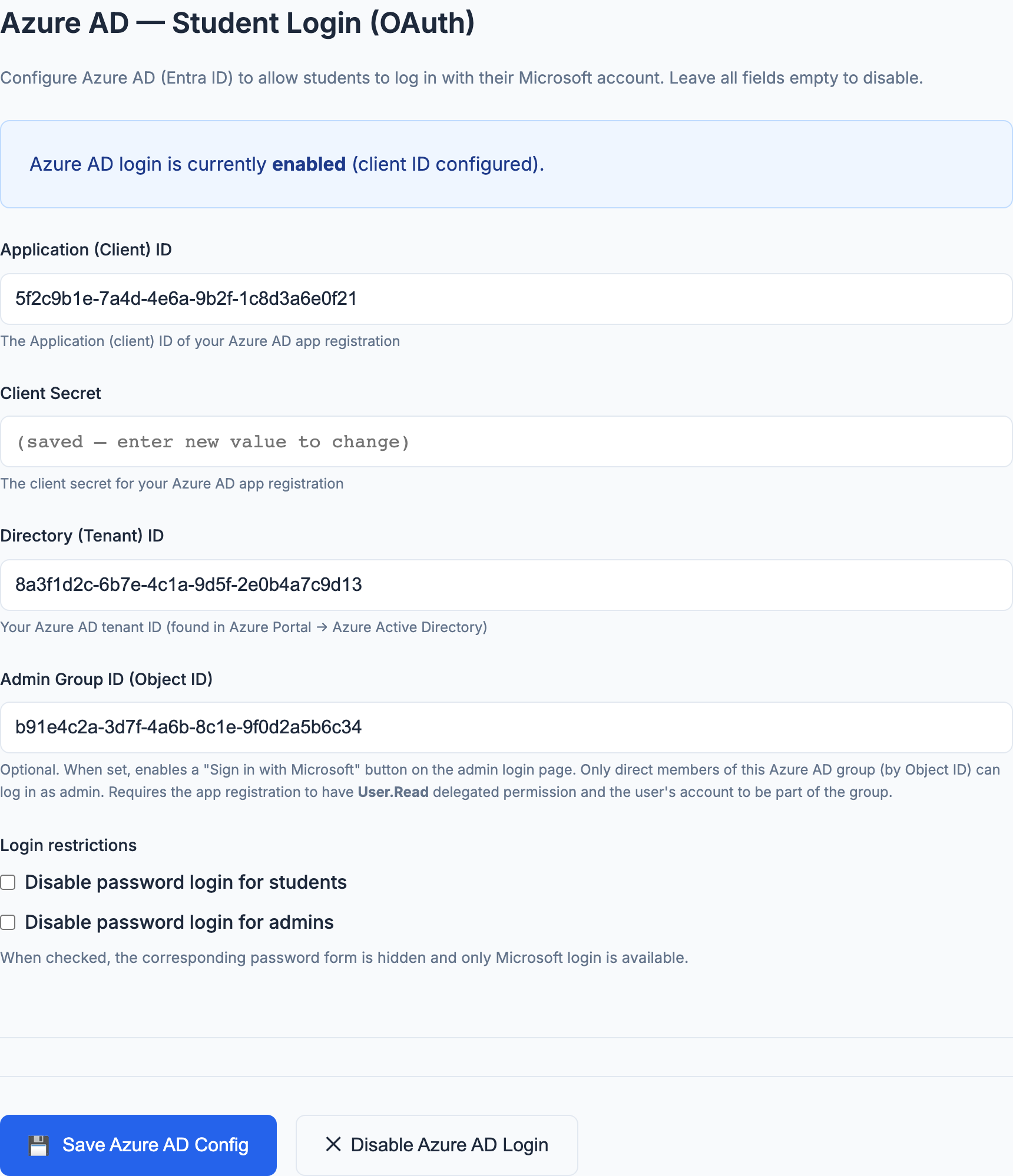 Azure AD configuration form