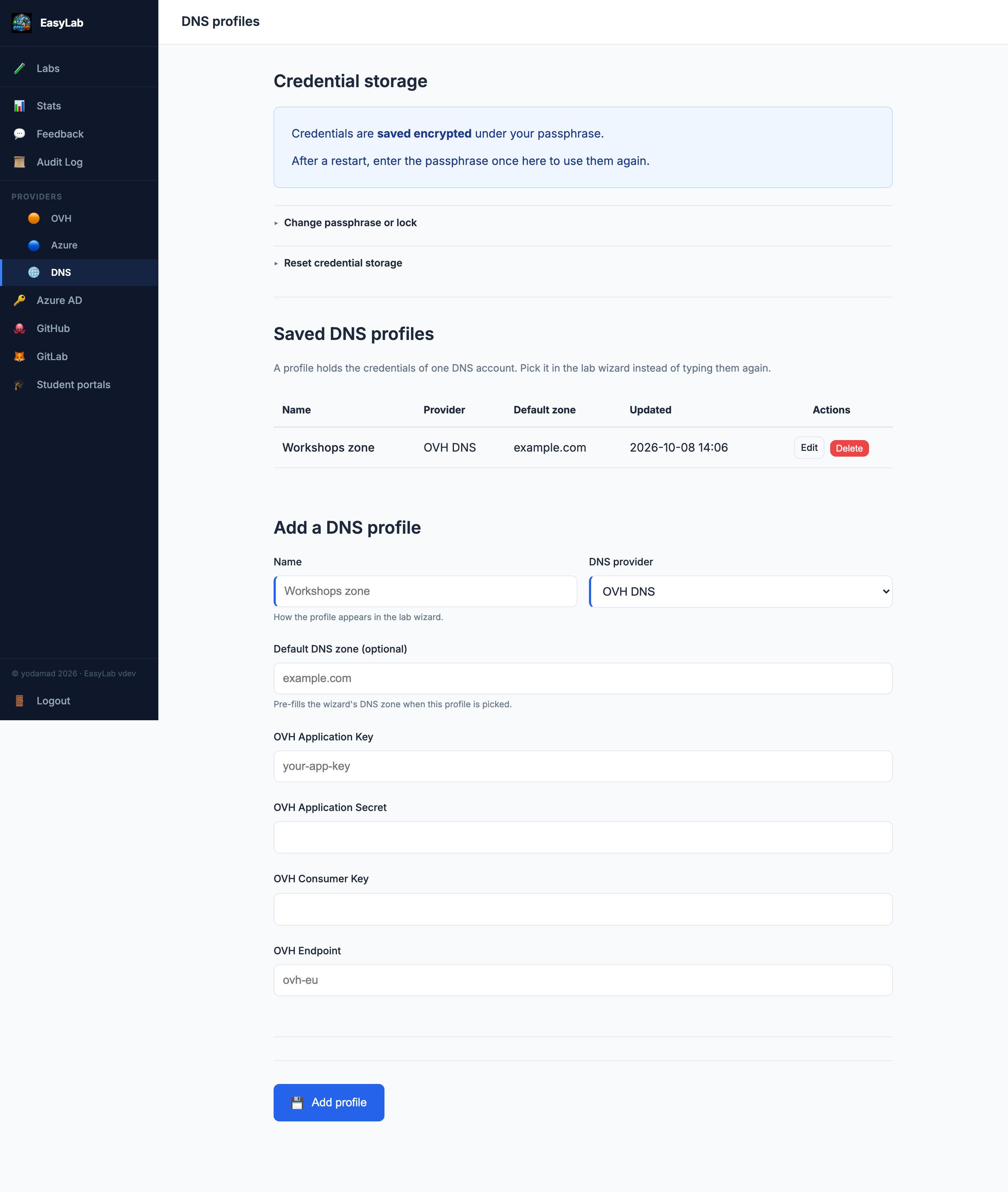 DNS profiles page