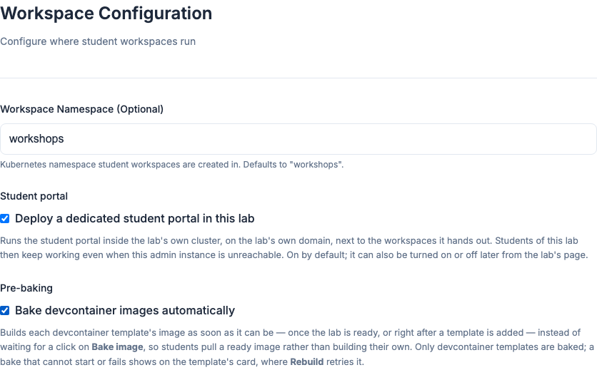 Workspace step with the student portal and automatic baking options