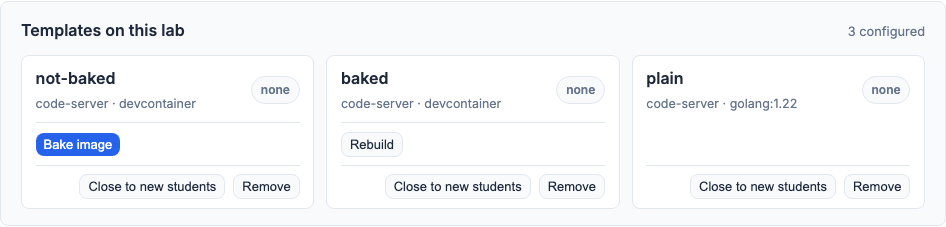Bake image and Rebuild buttons on devcontainer template cards